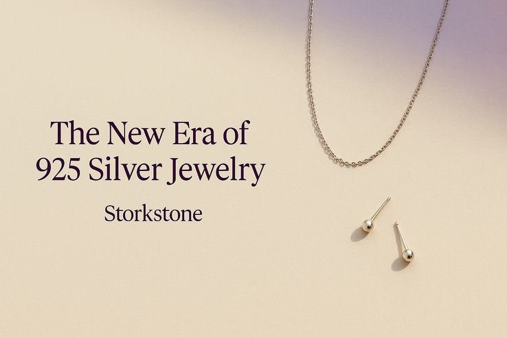 Storkstone 925 silver jewelry banner featuring minimalist sterling silver pendant and earrings